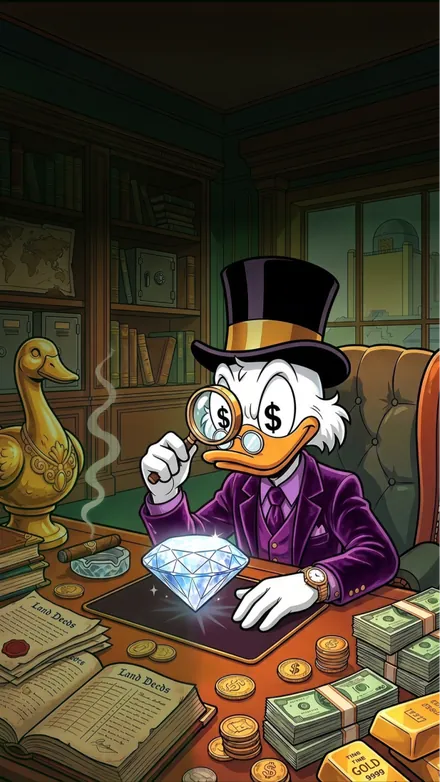 CashoBet uitbetaling: eend met diamant aan een tafel vol munten