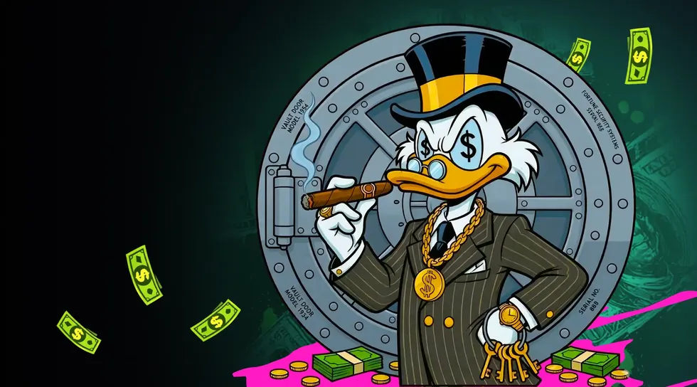 CashoBet casino: onze mascotte, een rijke eend met hoge hoed, voor een open kluis